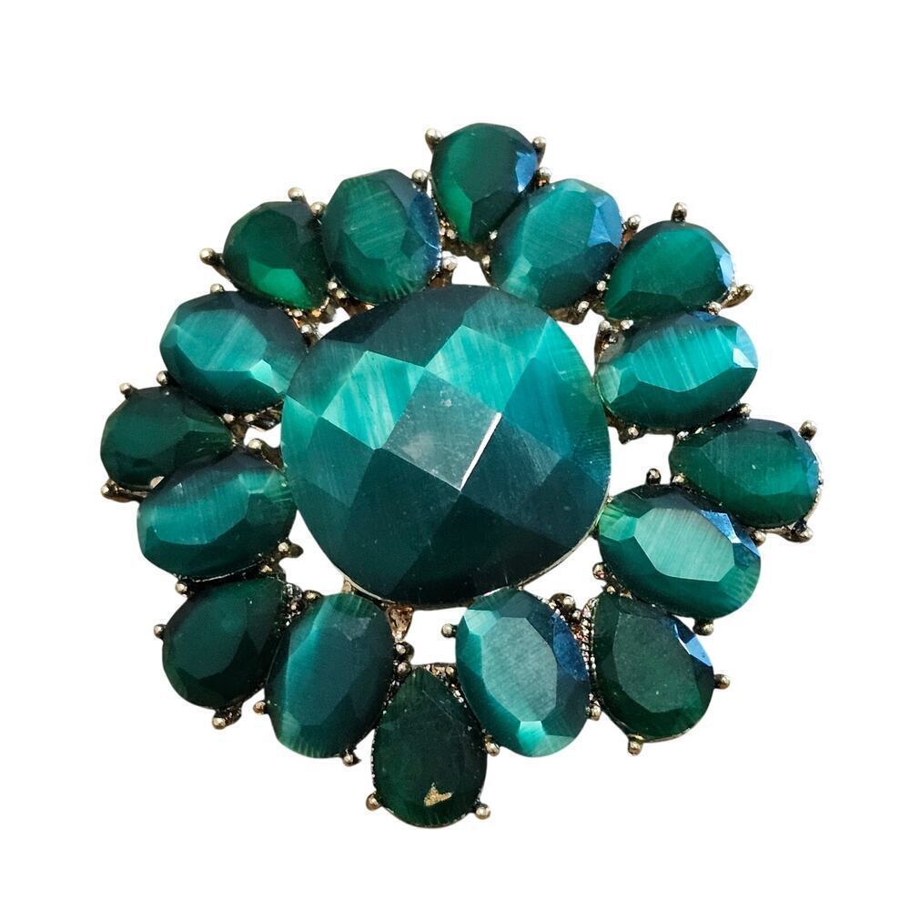 Vintage Signed Monet Cabochon Brooch Large Emerald Green Jewelry Pin Glam 80s
